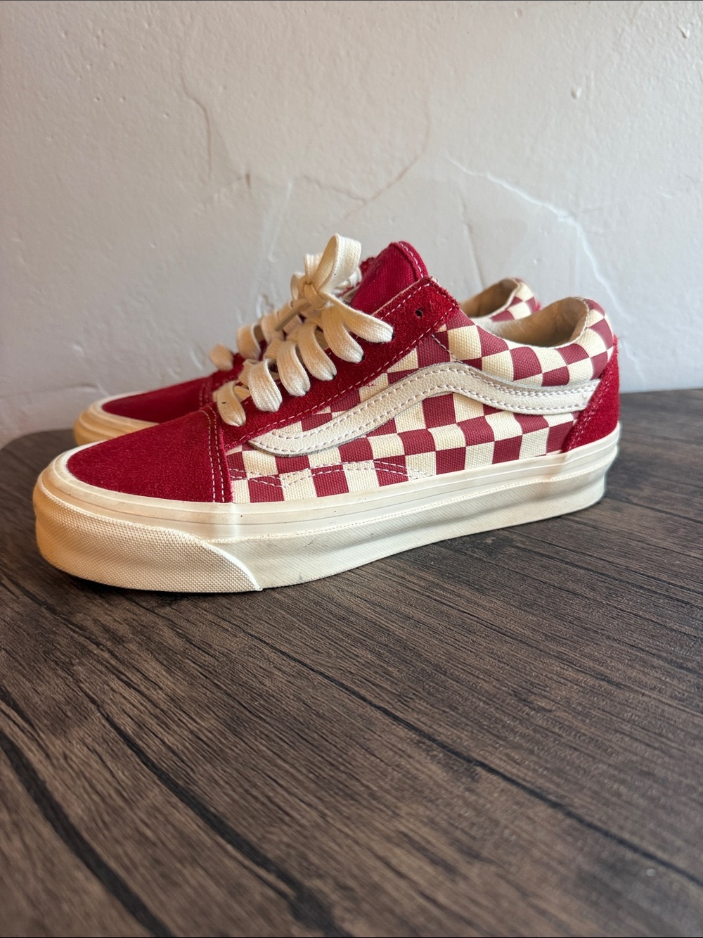 Vans Kids Old Skool Checkerboard Sneakers in Red and Cream